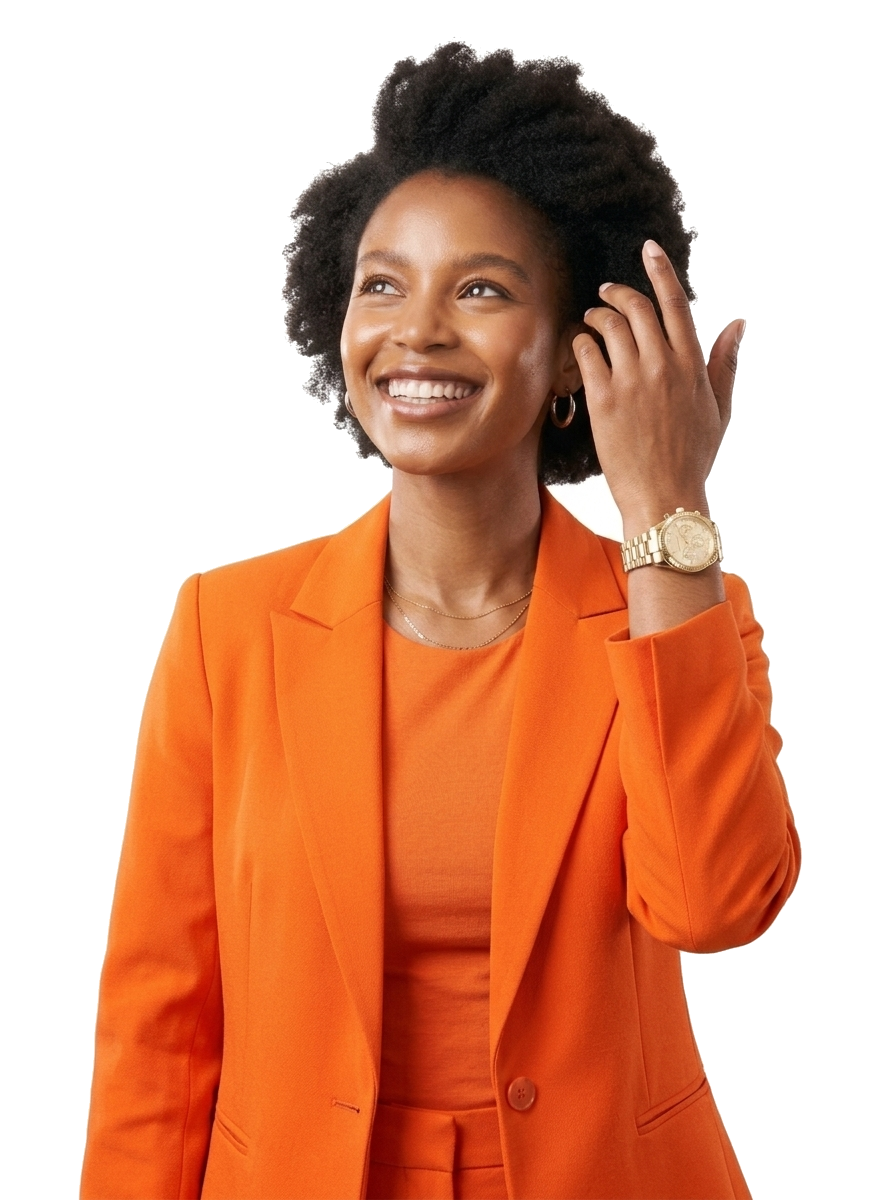 Young African Female Startup Founder in orange blazer with raised hand and watch looking up